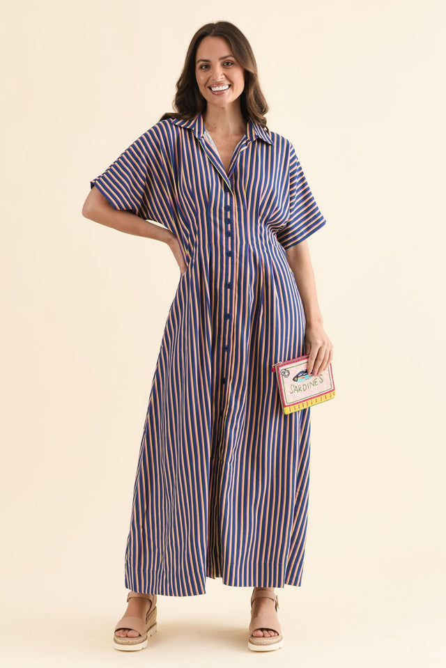 Samba Blue Stripe Shirt Dress,Front,Brunette model,alt text|model:MJ