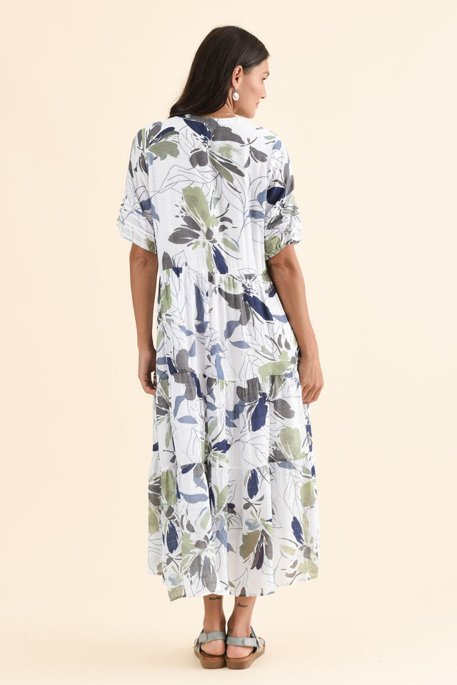Sambo Blue Garden Button Dress,Back,Brunette model,alt text|model:Brontie image 4