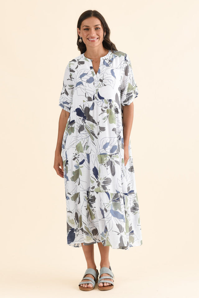 Sambo Blue Garden Button Dress,Front,Brunette model,alt text|model:Brontie