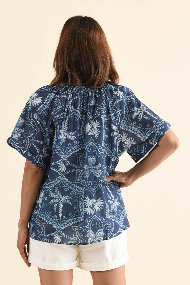 Sanalia Blue Palm Cotton Top,Back,Brunette model,alt text|model:Cara image 4
