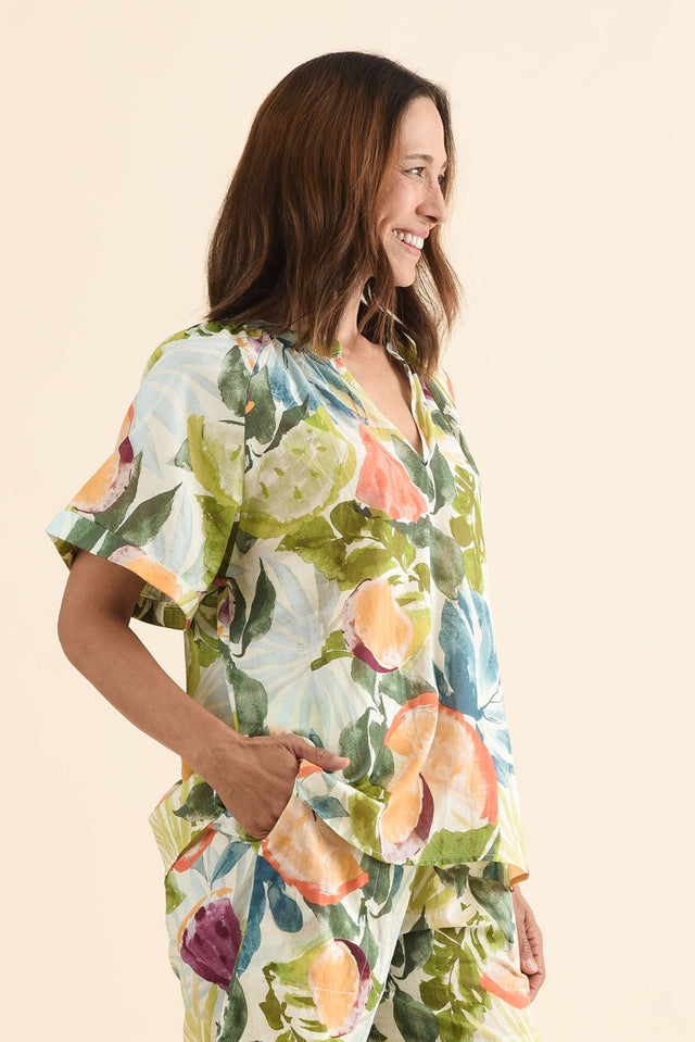 Sanalia Yellow Fruity Cotton Top,Side,Brunette model,alt text|model:Cara image 3
