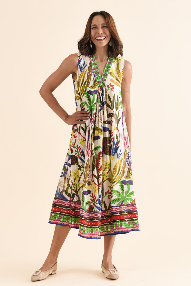 Sarai Blue Tropical Organic Cotton Sleeveless Dress,Full Body,Brunette model,alt text|model:Cara