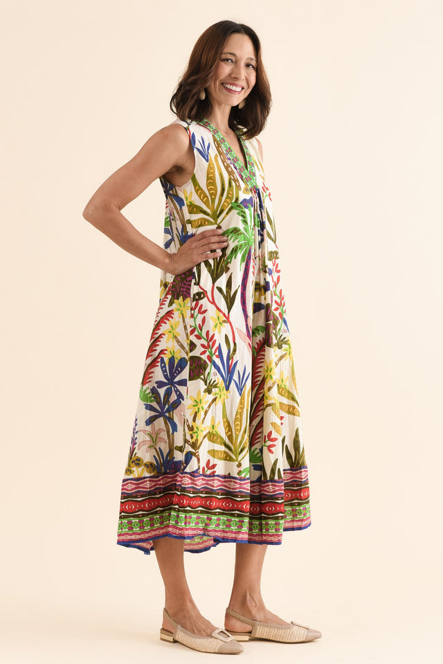 Sarai Blue Tropical Organic Cotton Sleeveless Dress,Side,Brunette model,alt text|model:Cara image 3