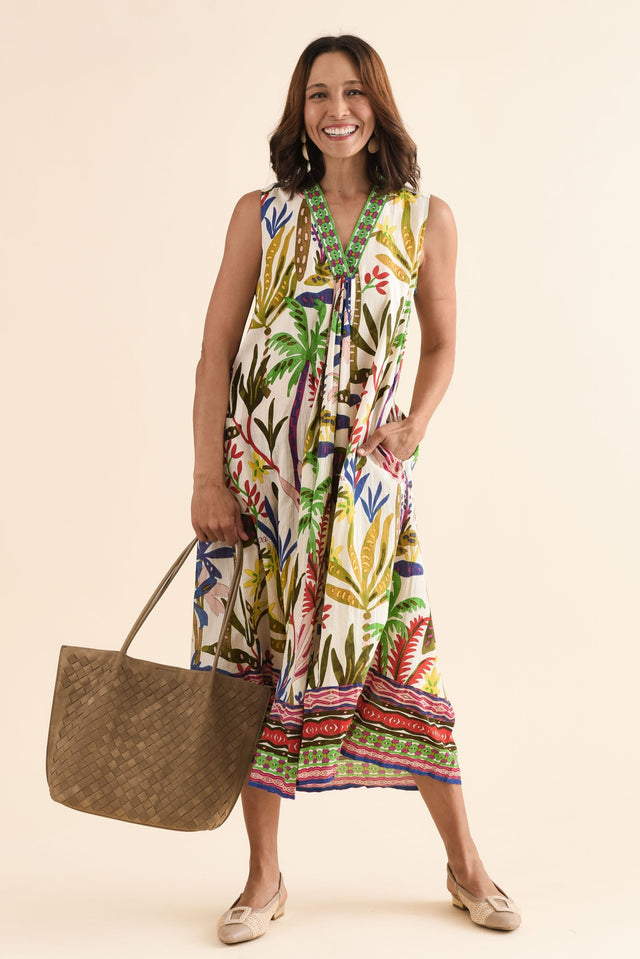 Sarai Blue Tropical Organic Cotton Sleeveless Dress,Front,Brunette model,alt text|model:Cara
