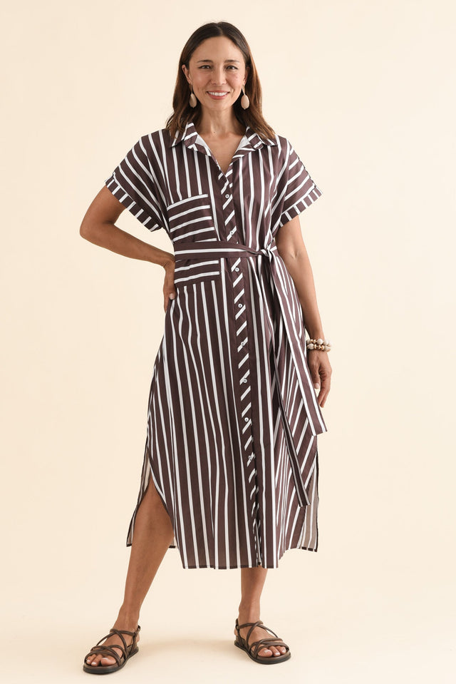 Sashi Chocolate Stripe Cotton Shirt Dress,Full Body,Brunette model,alt text|model:Cara image 2