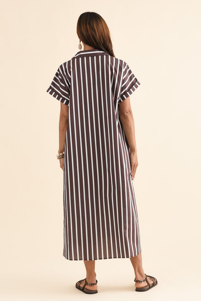 Sashi Chocolate Stripe Cotton Shirt Dress,Back,Brunette model,alt text|model:Cara image 4