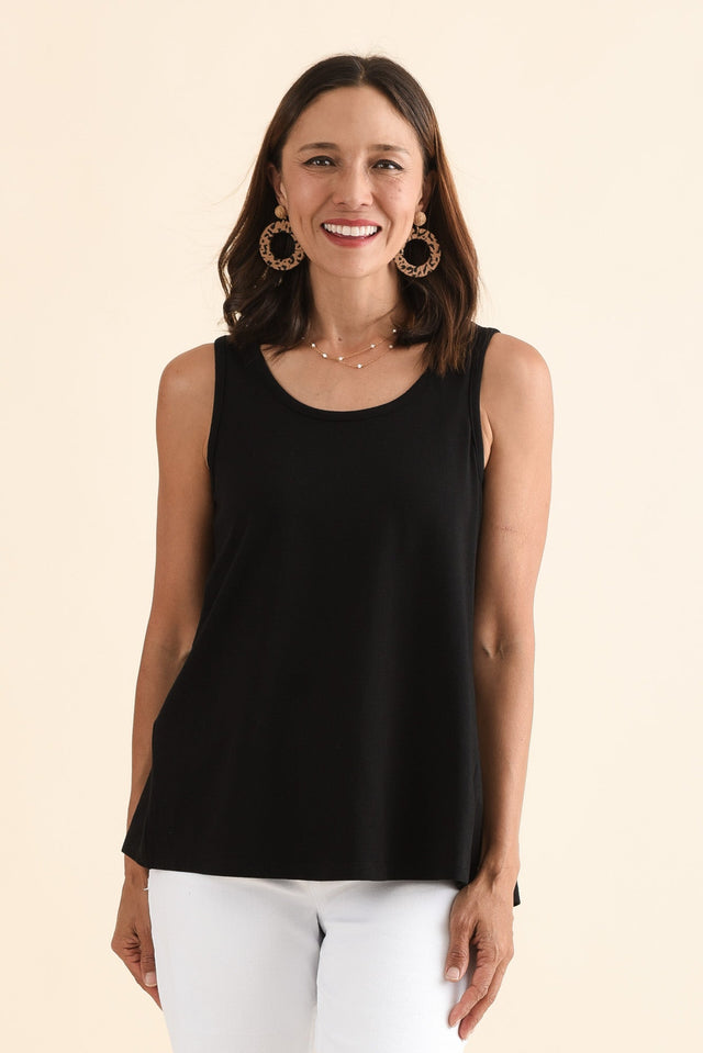 Satine Black Cotton Pleated Tank,Front,Brunette model,alt text|model:Cara image 1