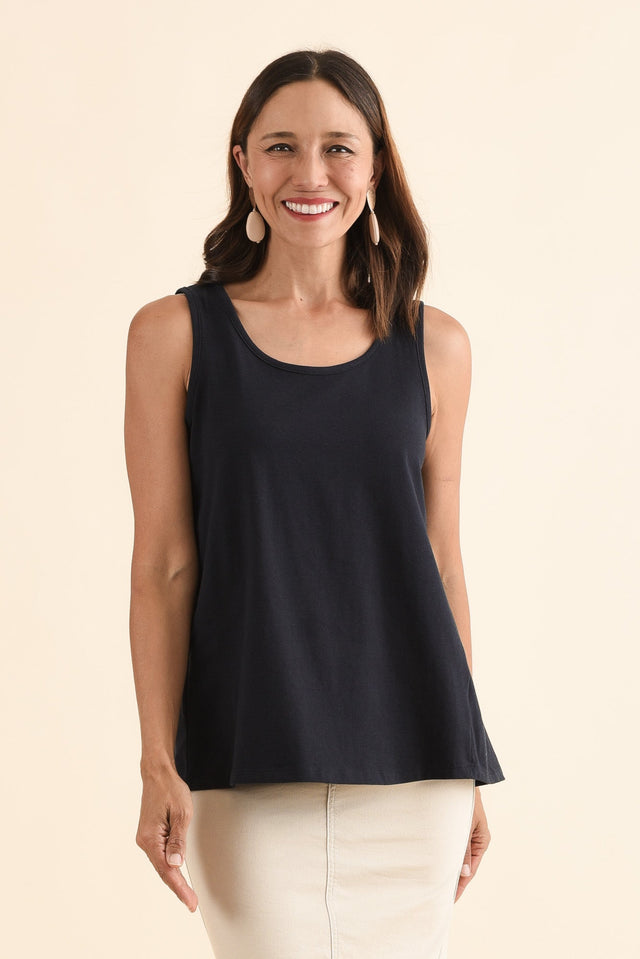 Satine Navy Cotton Pleated Tank,Front,Brunette model,alt text|model:Cara image 1