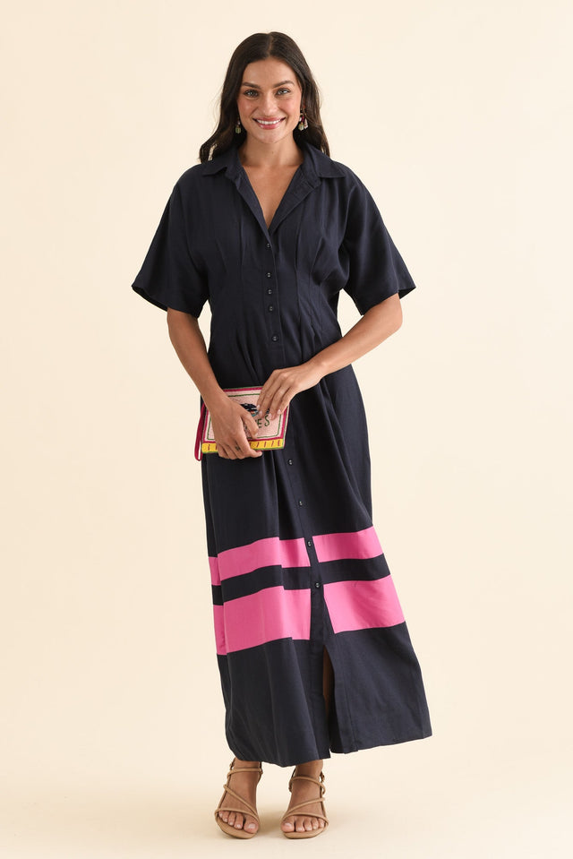 Scarlet Pink Stripe Shirt Dress,Front,Brunette model,alt text|model:Brontie