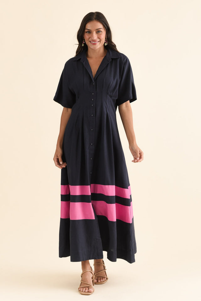 Scarlet Pink Stripe Shirt Dress,Full Body,Brunette model,alt text|model:Brontie