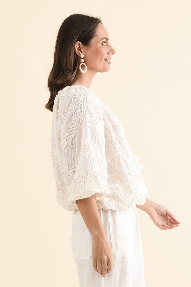 Seaside Cream Cotton Top,Side,Brunette model,alt text|model:MJ image 3