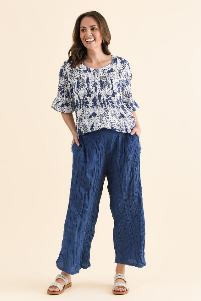 Costello Indigo Crinkle Cotton Pants,Full Body,Brunette model,alt text|model:MJ image 2