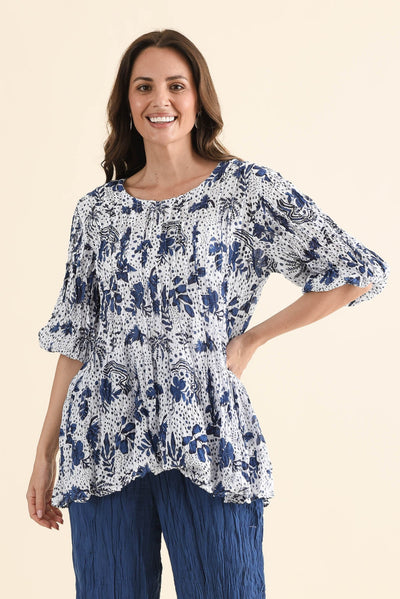 Selma Blue Garden Crinkle Cotton Top