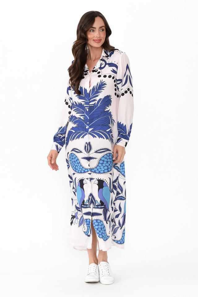 Shayli Blue Tropical Shirt Dress,Brunette model,alt text|model:Elouise image 1