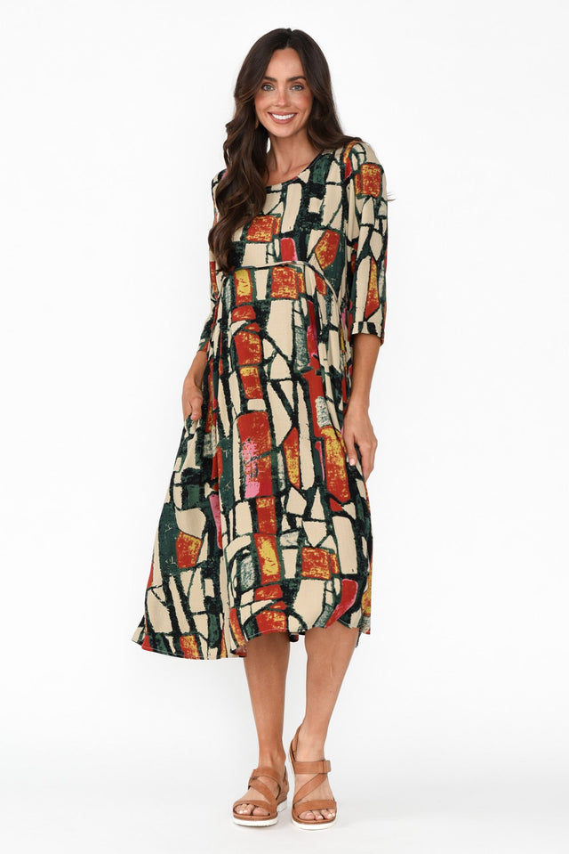 Shira Green Abstract Cotton Blend Dress