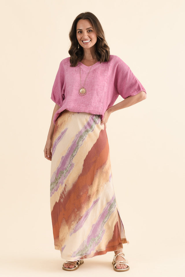 Sicily Rust Stripe Linen Blend Skirt,Full Body,Brunette model,alt text|model:MJ