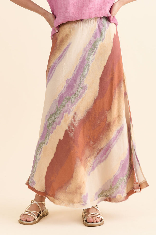 Sicily Rust Stripe Linen Blend Skirt,Front,Brunette model,alt text|model:MJ