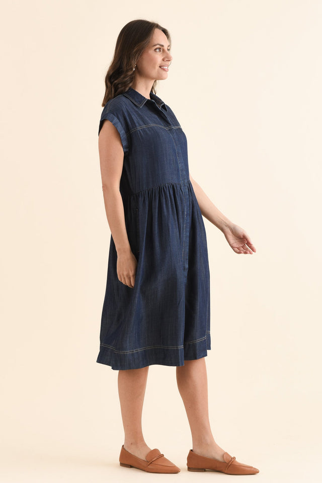 Sidra Dark Blue Denim Pocket Dress,Side,Brunette model,alt text|model:MJ image 3