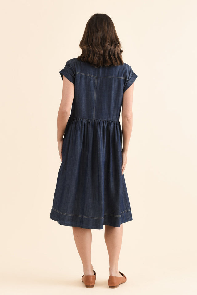 Sidra Dark Blue Denim Pocket Dress,Back,Brunette model,alt text|model:MJ image 4