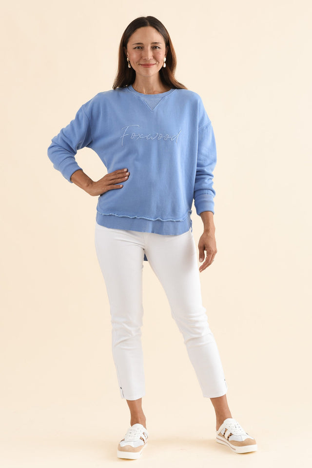 Signature Blue Cotton Crewneck Sweatshirt,Full Body,Brunette model,alt text|model:Cara image 6