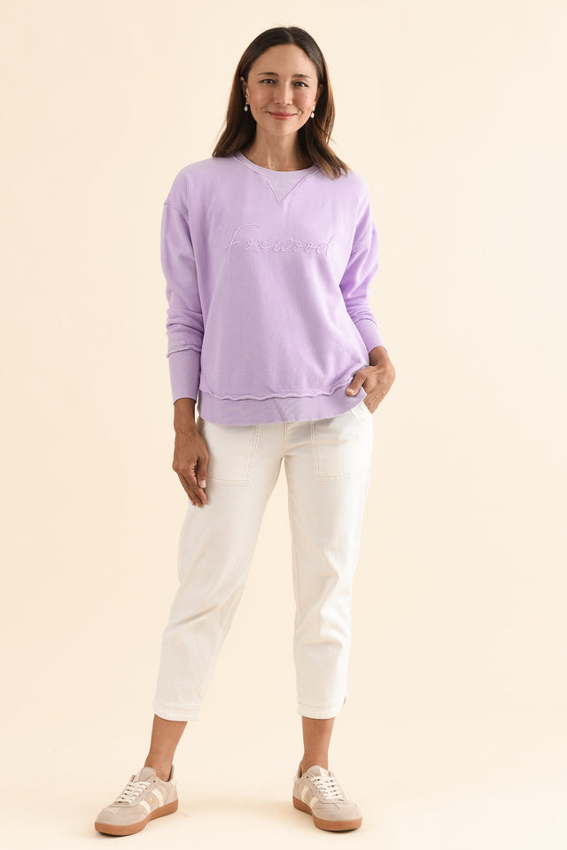 Signature Lilac Cotton Crewneck Sweatshirt,Full Body,Brunette model,alt text|model:Cara image 6