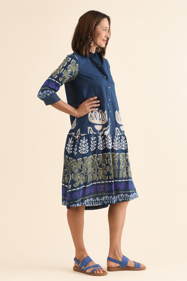 Sigrid Navy Motif Organic Cotton Tie Dress,Side,Brunette model,alt text|model:Cara image 3
