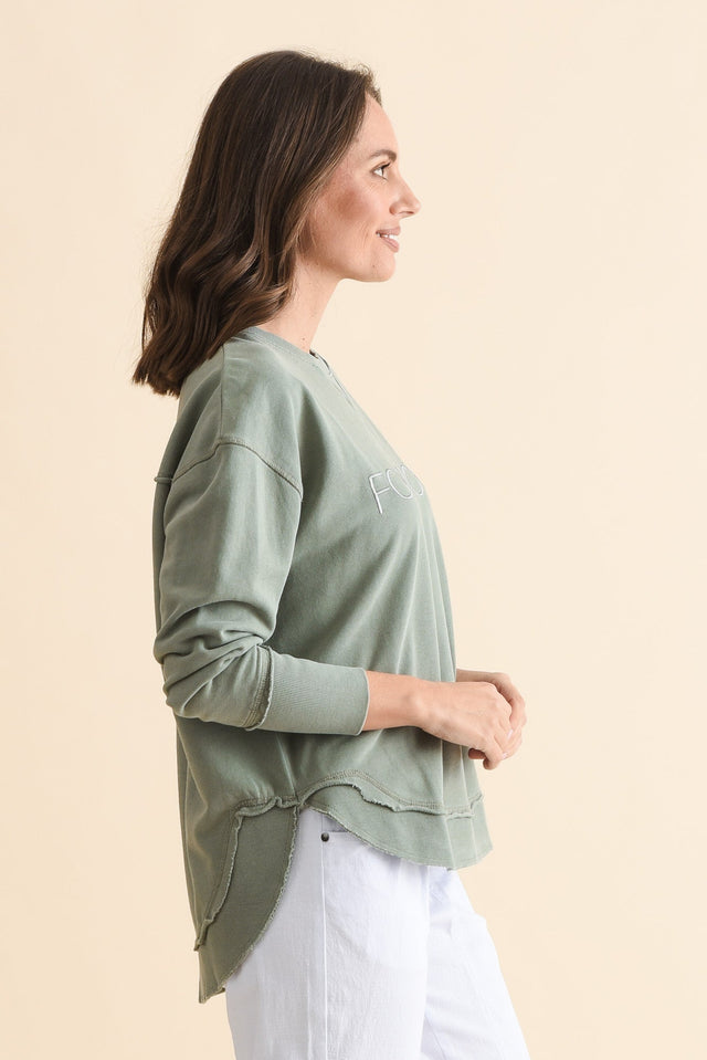 Simplified Sage Cotton Crewneck Sweatshirt,Side,Brunette model,alt text|model:MJ image 4
