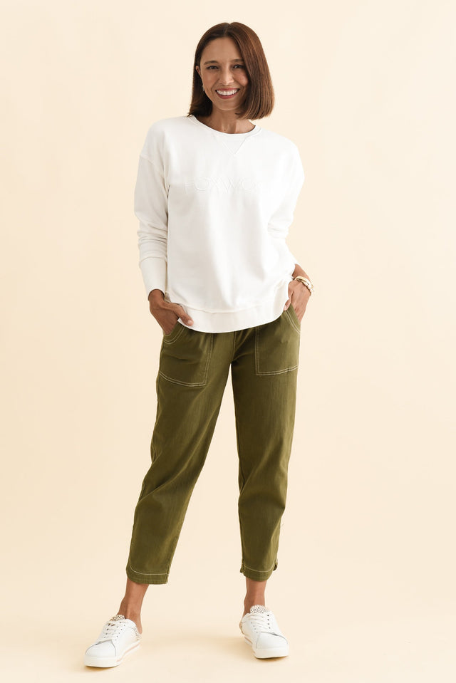 Simplified White Cotton Crewneck Sweatshirt,Brunette model,alt text|model:Cara image 9