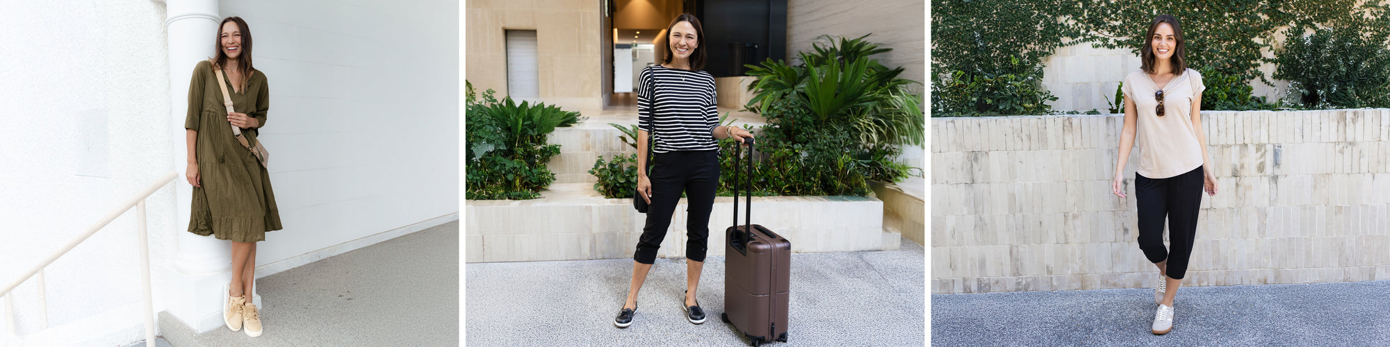 Brunette women in breathable travel outfits including no-iron crinkle cotton in neutral colours look ready to go. One pictured with a suitcase.