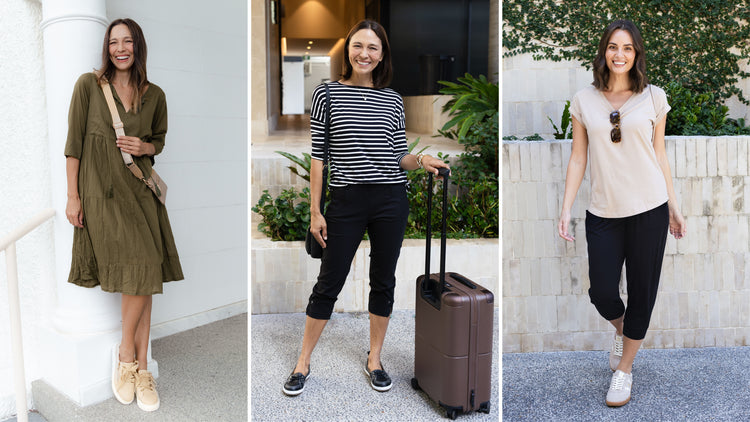 Brunette women in breathable travel outfits including no-iron crinkle cotton in neutral colours look ready to go. One pictured with a suitcase.
