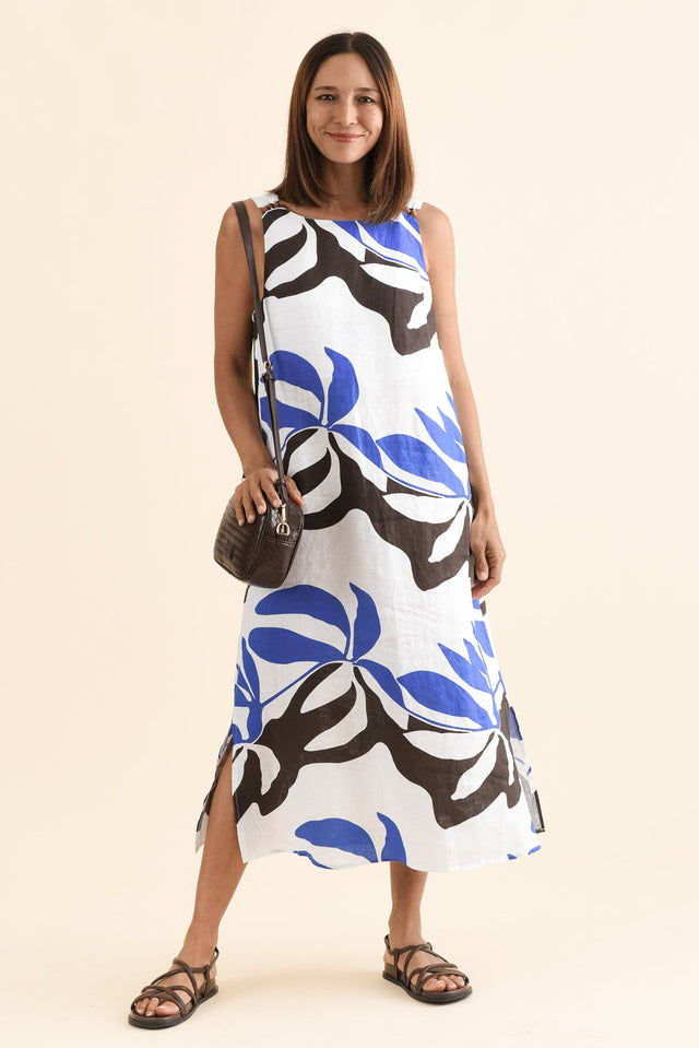 Sintra Blue Leaf Linen Sleeveless Dress,Front,Brunette model,alt text|model:Cara image 1