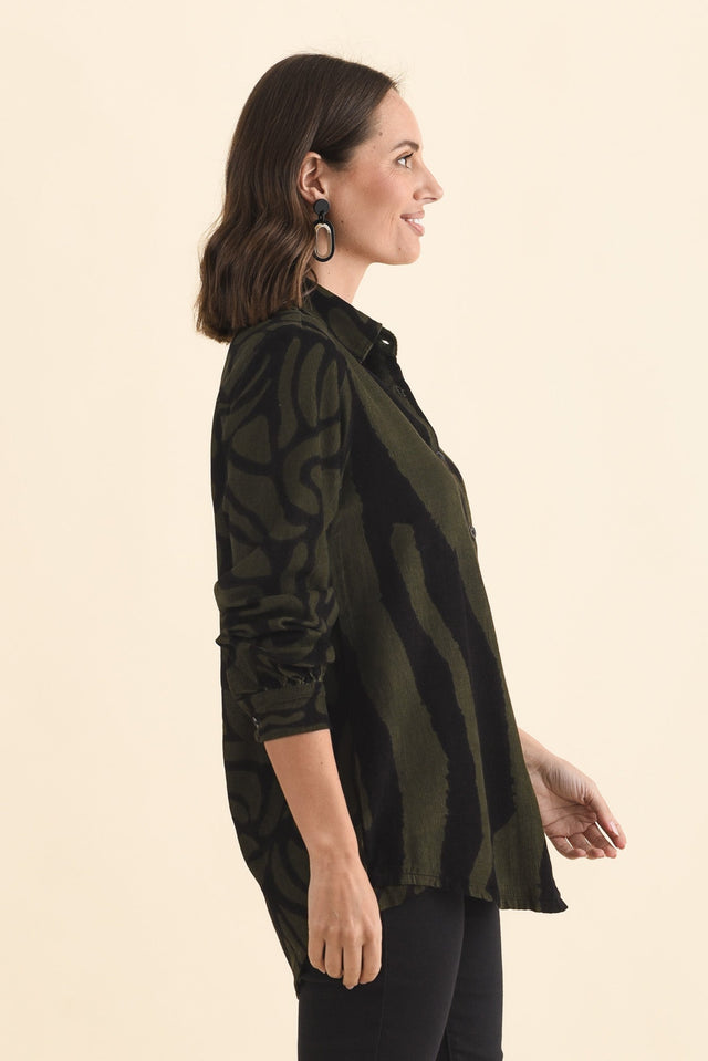 Sirah Olive Stripe Cotton Shirt,Brunette model,alt text|model:MJ image 4