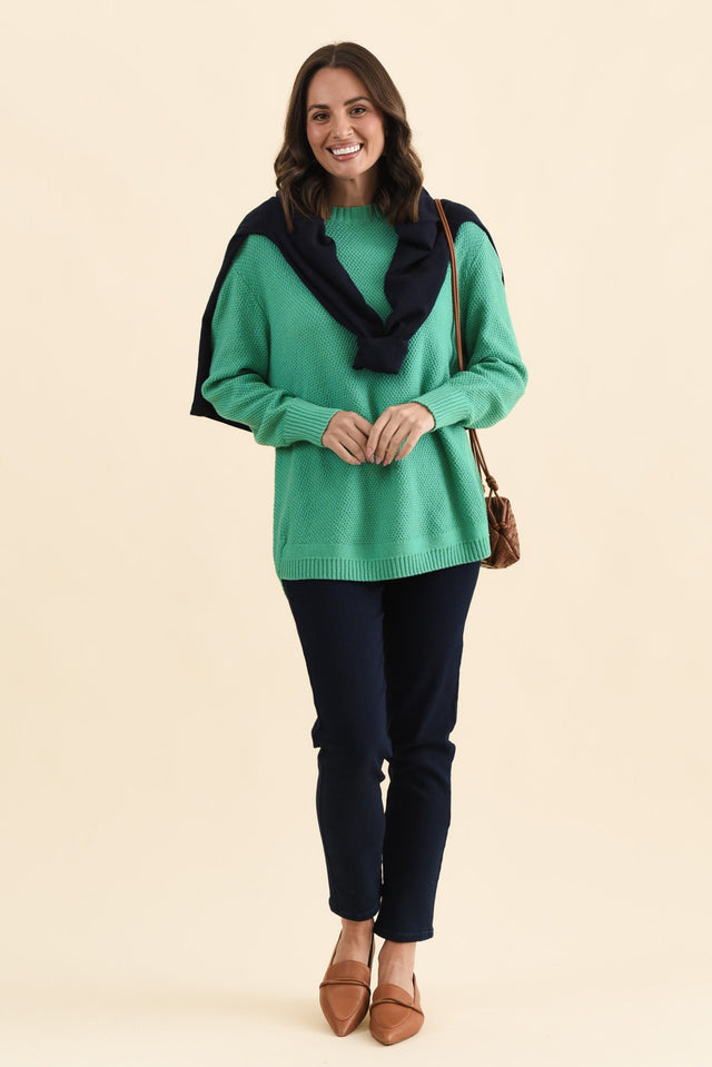 Skylar Green Cotton Blend Knit Jumper,Full Body,Brunette model,alt text|model:MJ image 4