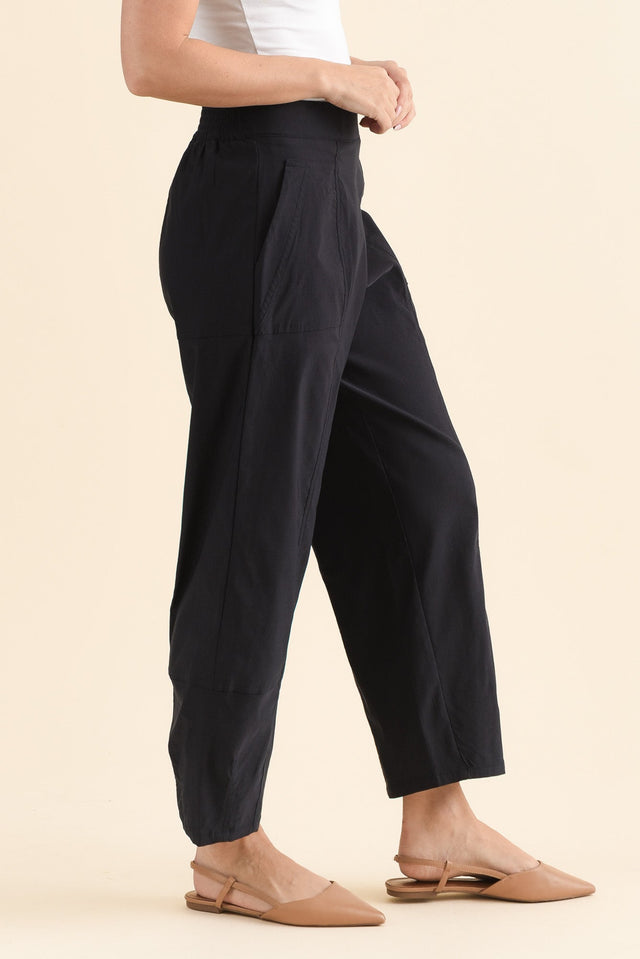 SmartFlex Navy Barrel Pants,Side,Brunette model,alt text|model:MJ image 3