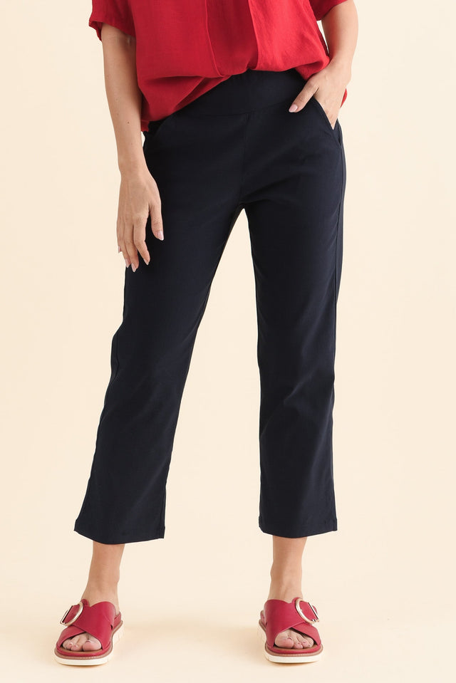 SmartFlex Navy Straight Leg Pants,Front,Brunette model,alt text|model:MJ
