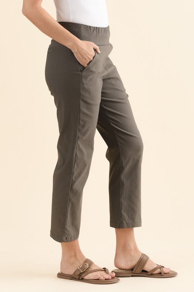 SmartFlex Olive Straight Leg Pants,Side,Brunette model,alt text|model:MJ image 3