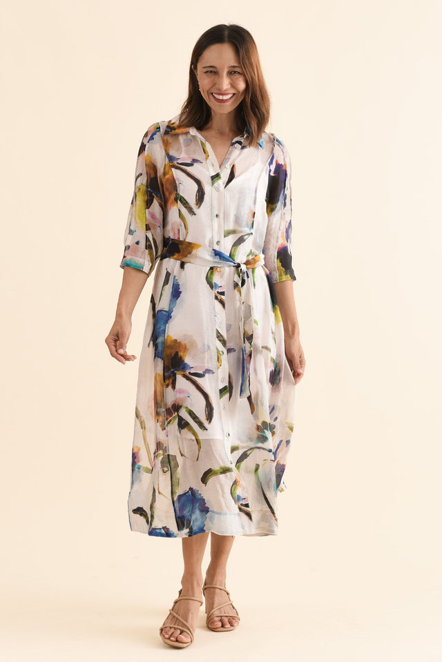 Soiree Blue Floral Shirt Dress,Full Body,Brunette model,alt text|model:Cara image 2
