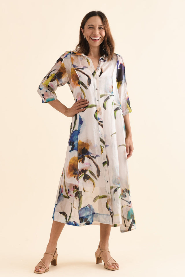 Soiree Blue Floral Shirt Dress,Full Body,Brunette model,alt text|model:Cara image 6