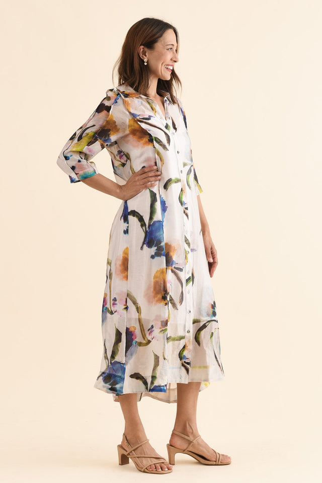 Soiree Blue Floral Shirt Dress,Side,Brunette model,alt text|model:Cara image 3