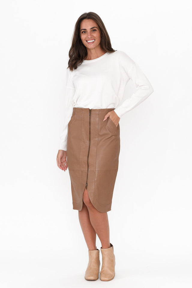 Stella Brown Leather Curved Hem Skirt image 3