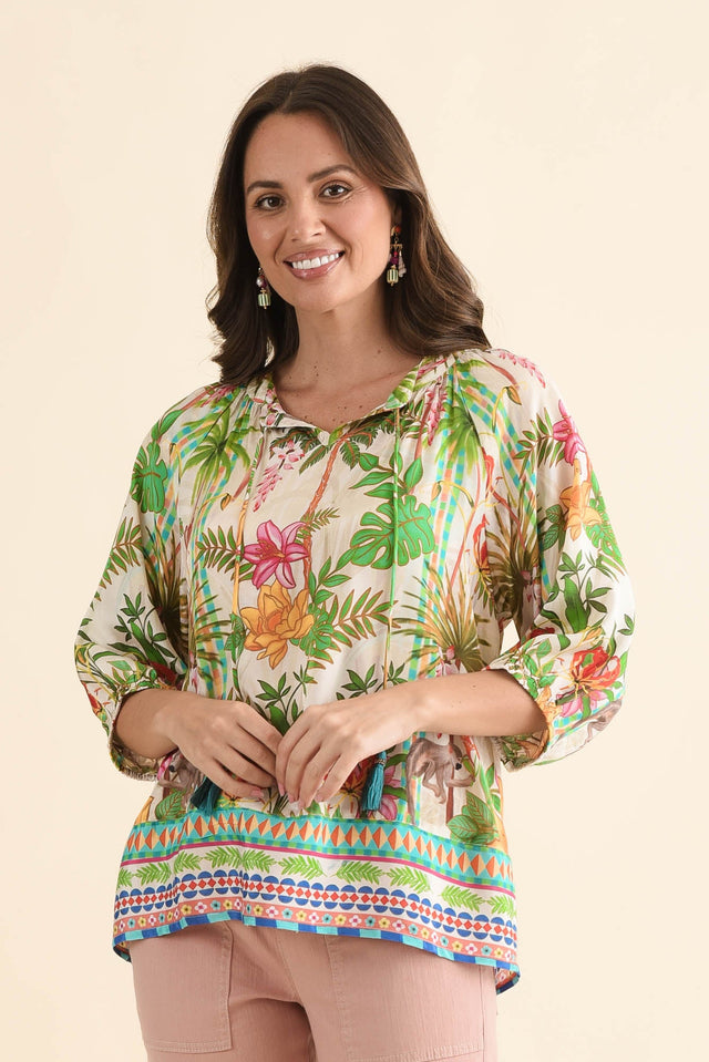 Sophina Green Palm Tassel Top,Front,Brunette model,alt text|model:MJ image 1