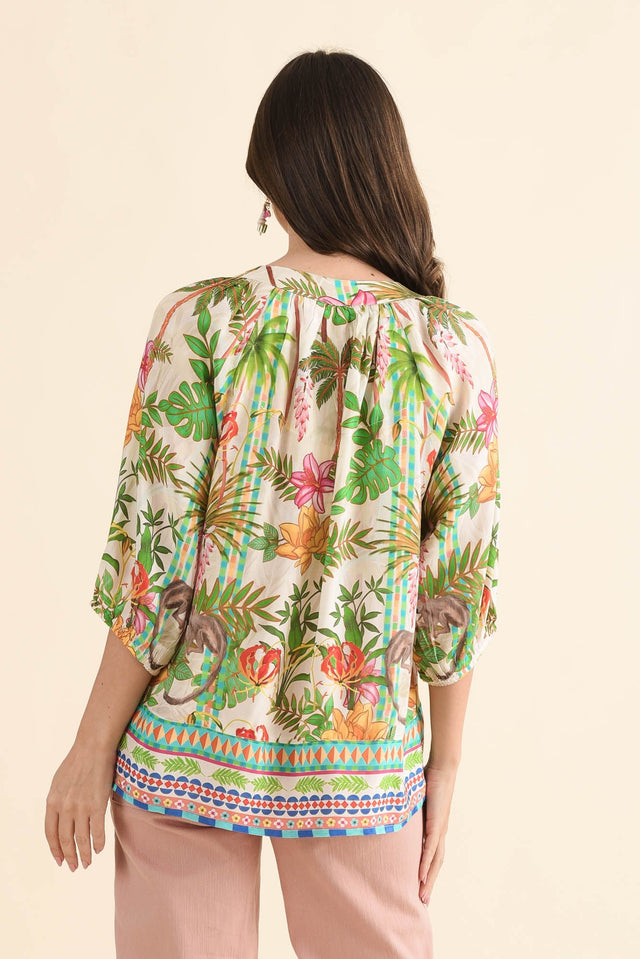 Sophina Green Palm Tassel Top,Back,Brunette model,alt text|model:MJ image 4