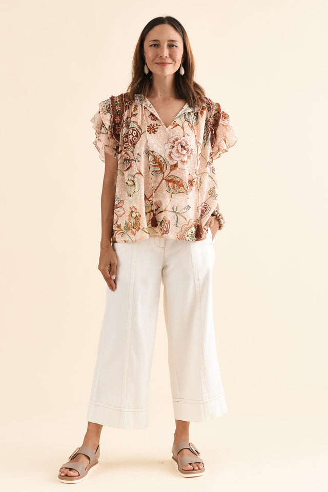 Sorrae Beige Floral Cotton Ruffle Top,Full Body,Brunette model,alt text|model:Cara image 2