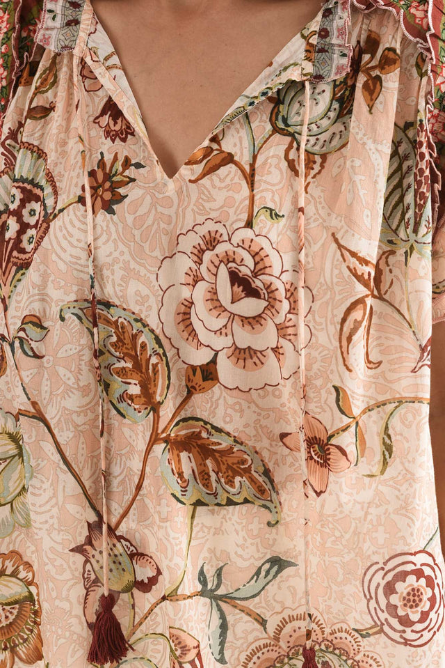 Sorrae Beige Floral Cotton Ruffle Top,Detail,Brunette model,alt text|model:Cara image 5