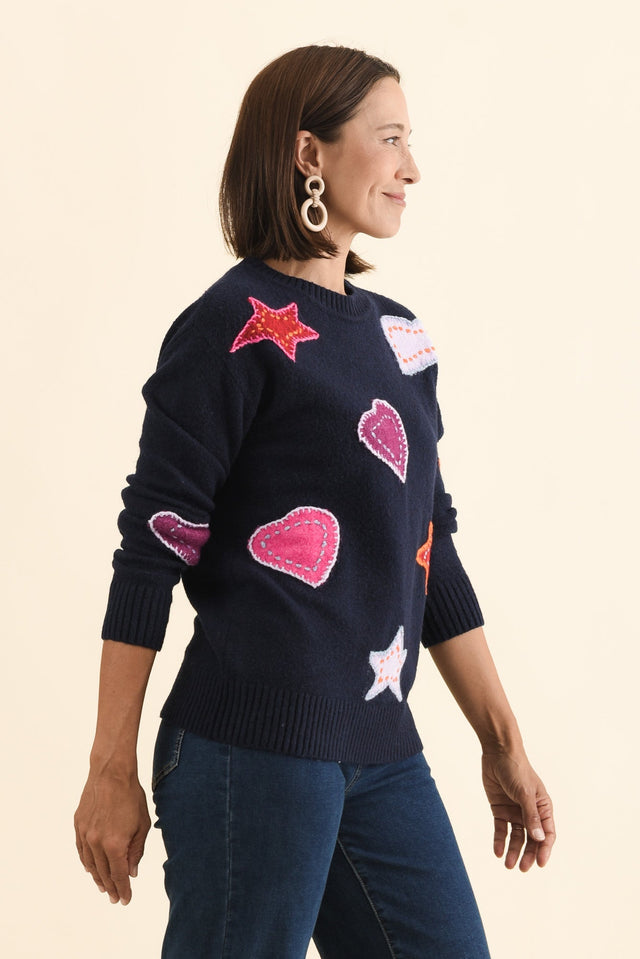 Starla Navy Patchwork Knit Jumper,Brunette model,alt text|model:Cara image 4