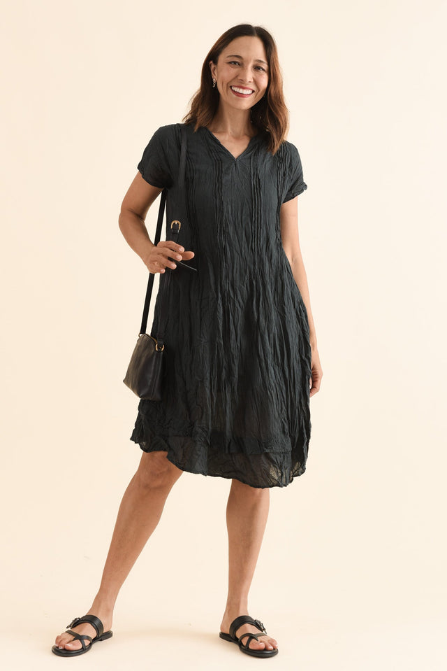 Stassi Charcoal Crinkle Cotton Dress,Front,Brunette model,alt text|model:Cara image 2
