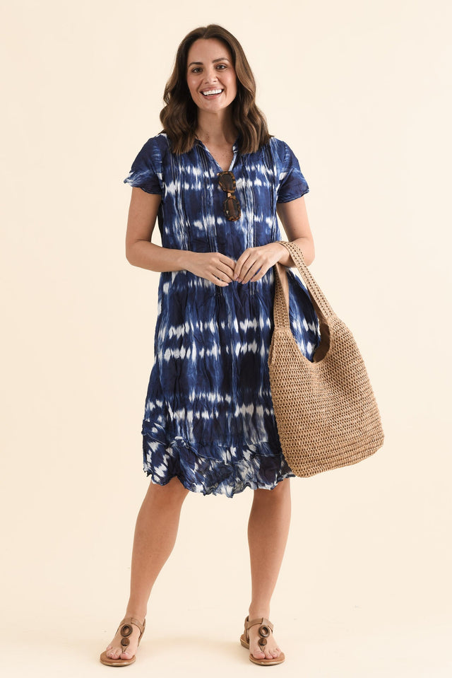 Stassi Navy Tie Dye Crinkle Cotton Dress,Front,Brunette model,alt text|model:MJ image 1
