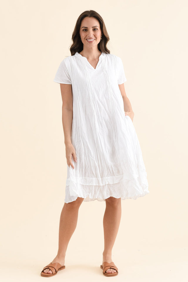 Stassi White Crinkle Cotton Dress,Front,Brunette model,alt text|model:MJ image 1