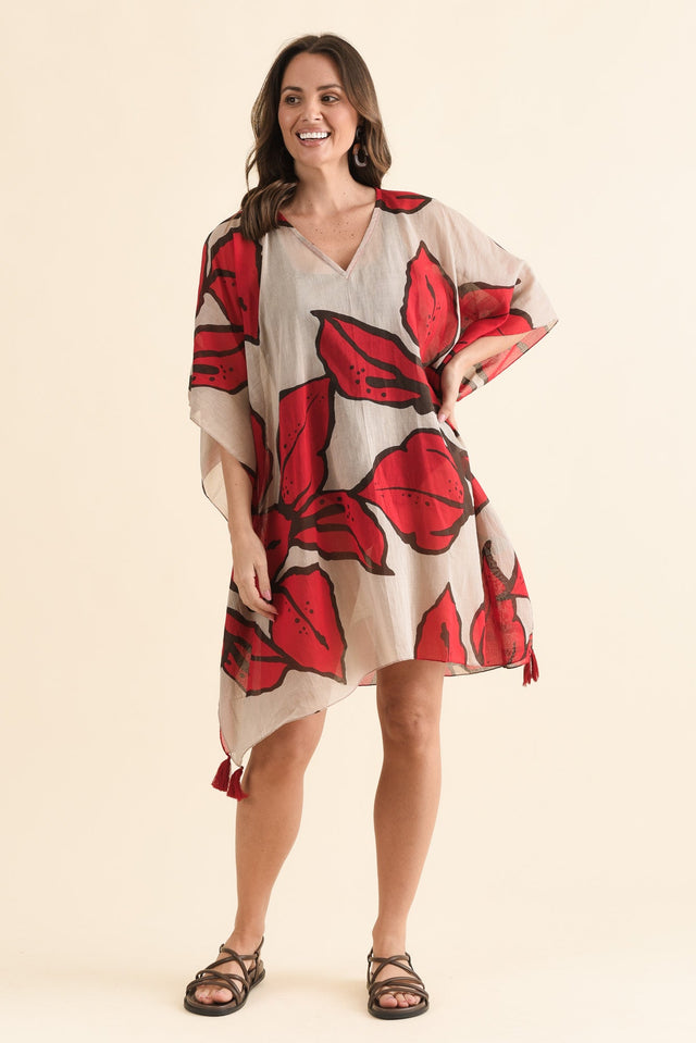 Stella Red Bloom Cotton Kaftan,Full Body,Brunette model,alt text|model:MJ