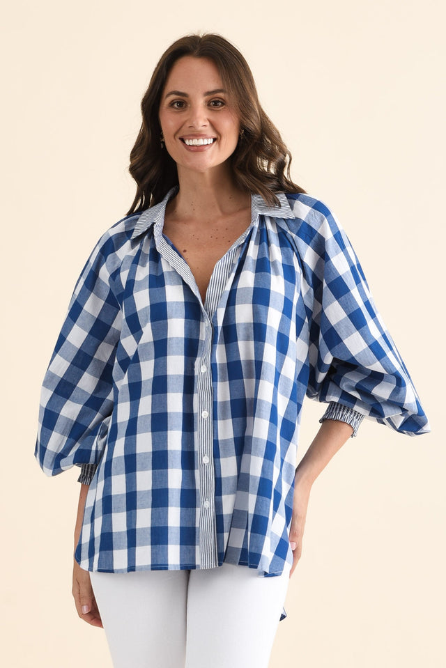 Stephens Navy Check Cotton Shirt,brunette model,Front of Outfit,alt text|model:MJ